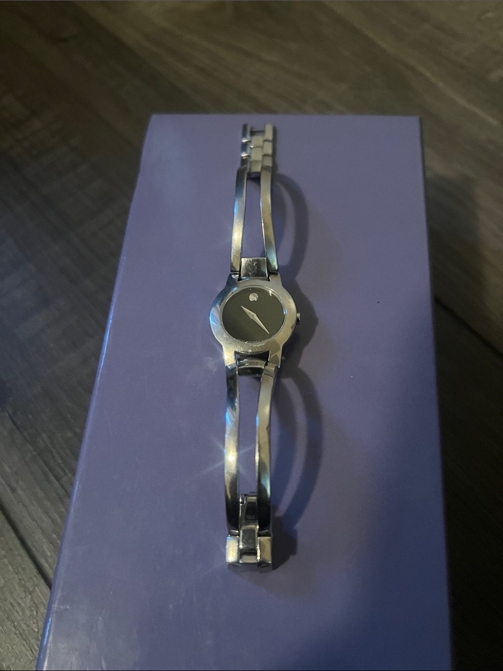 Movado Silver Bracelet Watch with Black Dial